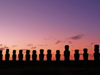 panoramic shot of moai during sunset