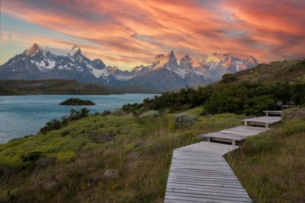 boardwalk by the lake in chilean national park